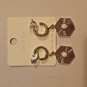 LOU & CO NWT Gold hoop drop earrings hexagon white stone center